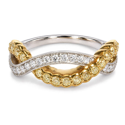 18K Two-Tone Gold 1/2 Cttw Yellow and White Diamond Milgrain Crossover Band Ring