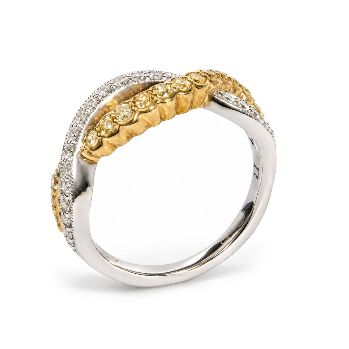 18K Two-Tone Gold 1/2 Cttw Yellow and White Diamond Milgrain Crossover Band Ring