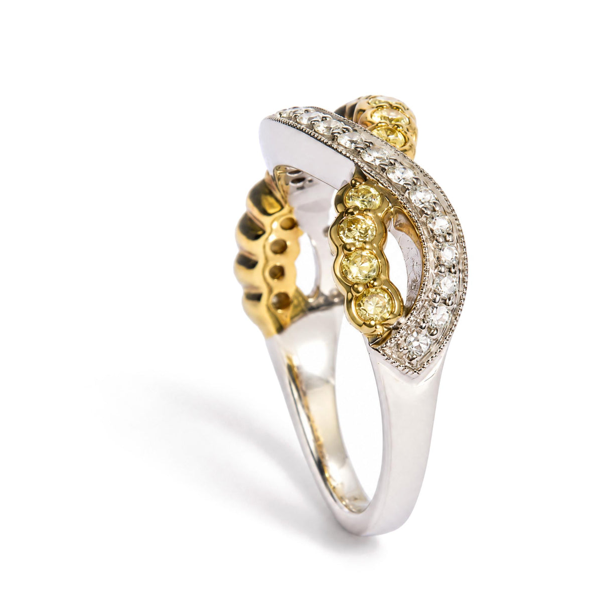 18K Two-Tone Gold 1/2 Cttw Yellow and White Diamond Milgrain Crossover Band Ring
