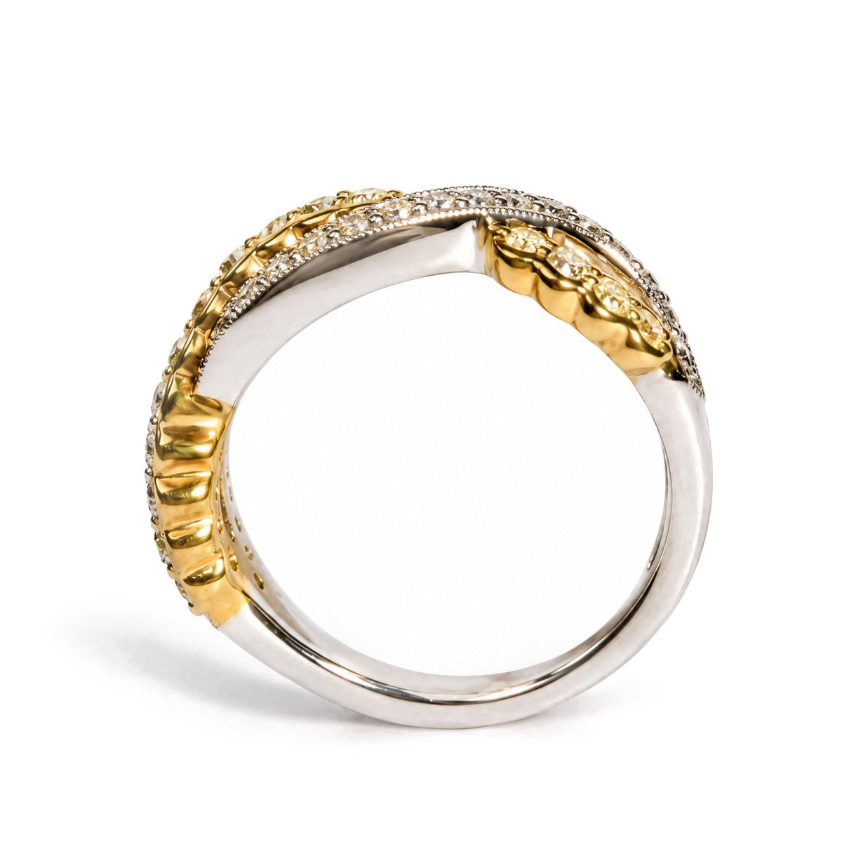 18K Two-Tone Gold 1/2 Cttw Yellow and White Diamond Milgrain Crossover Band Ring