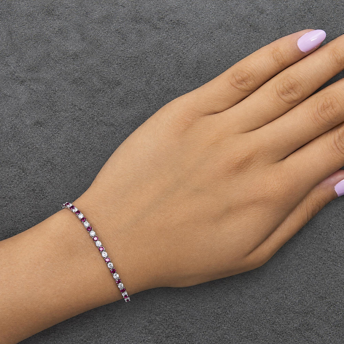 14K White Gold Alternating Lab-Created Red Ruby & Lab-Grown Diamond Tennis Bracelet