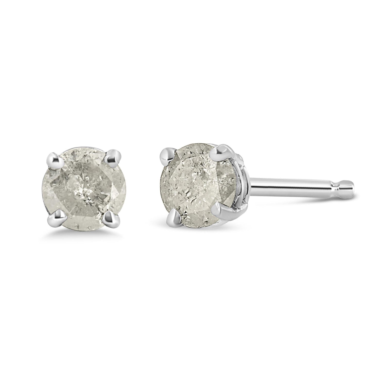 Front and side angle of white metal stud earrings each featuring a round white gemstone in prong setting.