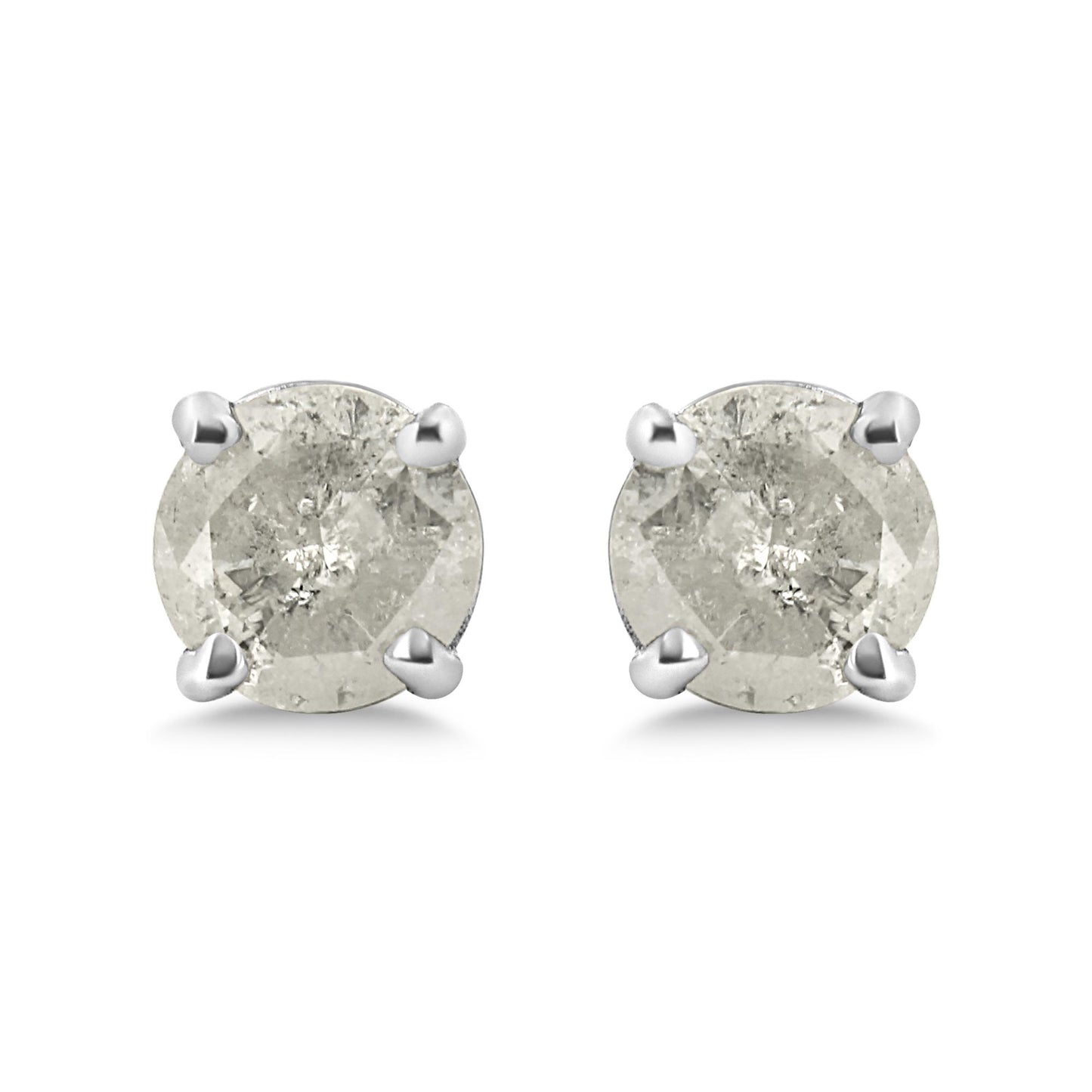 Front view of a pair of white metal stud earrings with round white gemstones in prong settings.