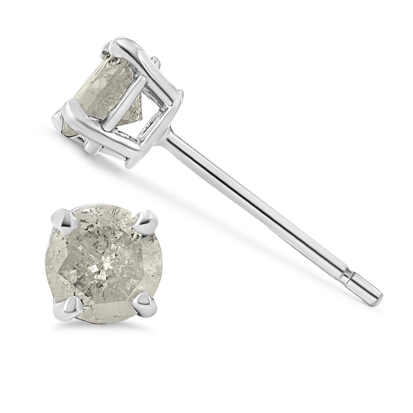 Close-up image of white metal stud earrings with round white gemstones in prong settings, shown from side and front angles.