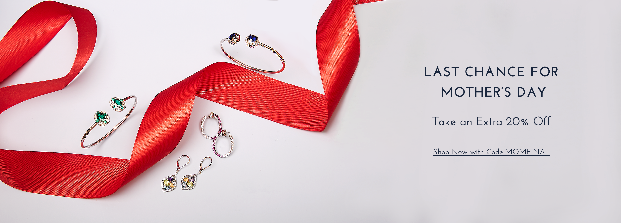 a red ribbon with two bangles and two earrings plus mother's day clearance sale text 20% Off with Code MOMFINAL 