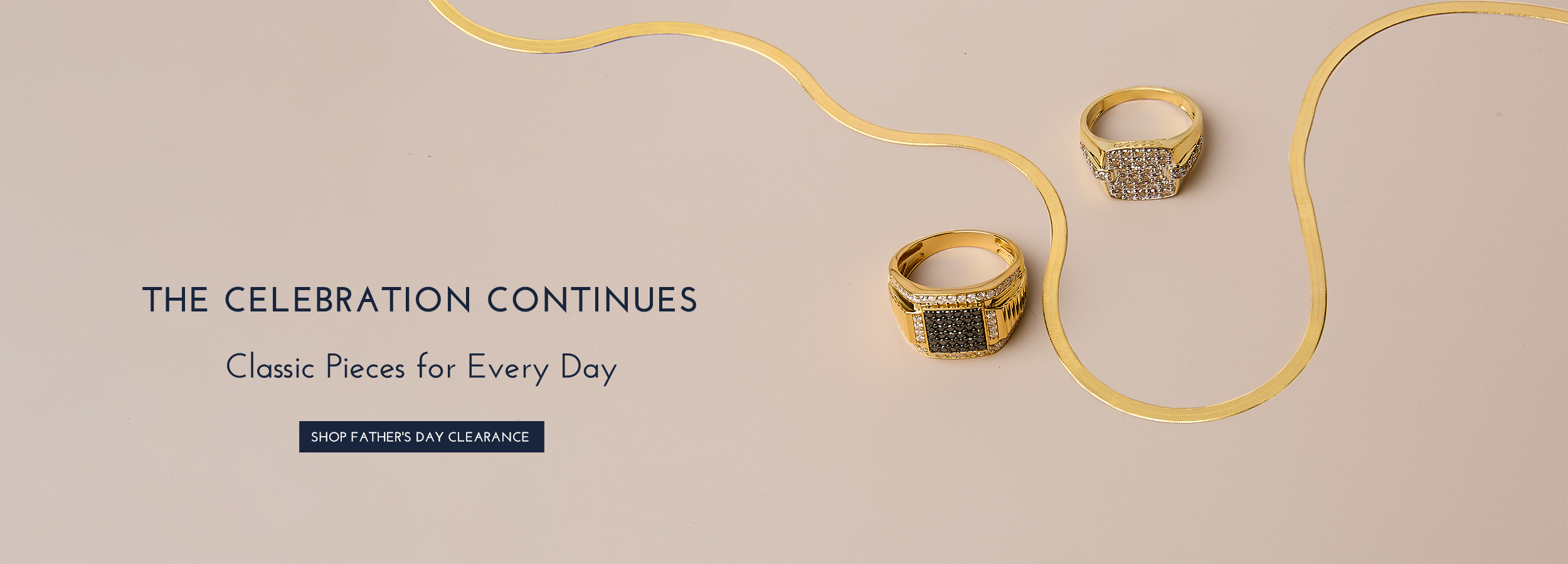 Two gold rings on a beige background with text about Father's Day clearance.