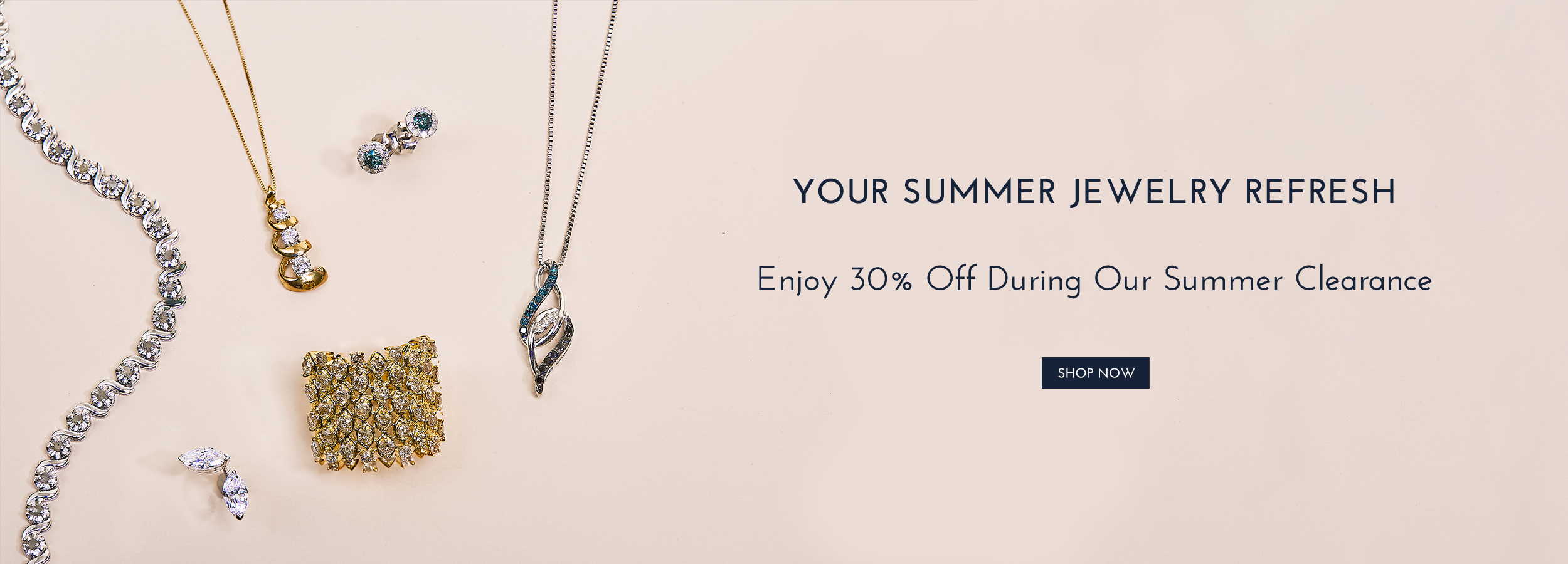 Promotional banner for summer jewelry featuring several necklaces, earrings, and a bracelet arranged on a pale pink background with the text 'YOUR SUMMER JEWELRY REFRESH' and a 'SHOP NOW' button.