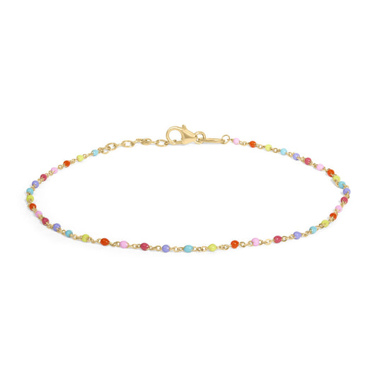 Top view of 18K Yellow Gold Vermeil Rainbow Enamel Station Anklet with multicolor enamel stations on white