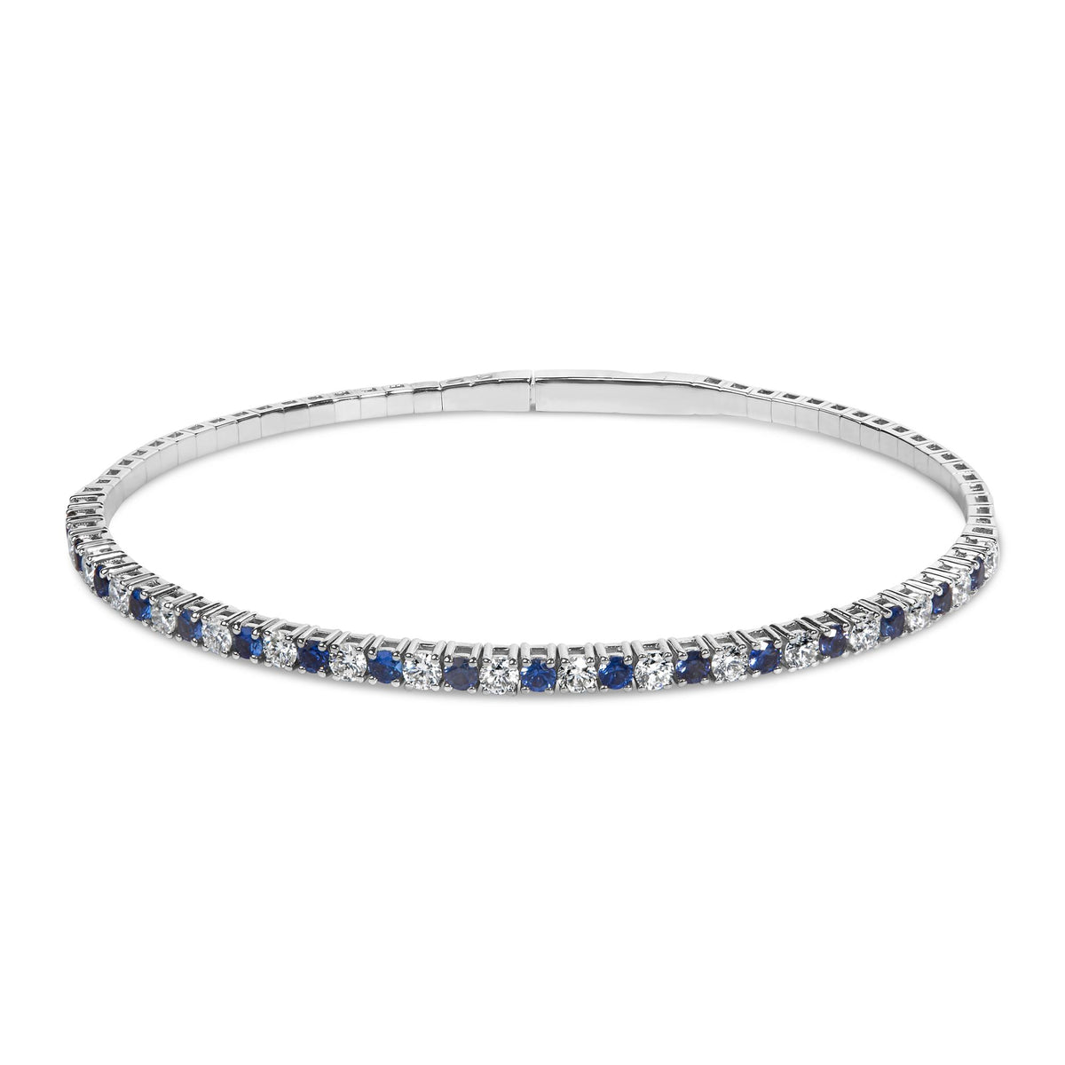 Close-up front angle of a white bracelet featuring alternating round blue and white gemstones in prong settings, displayed on a white background.