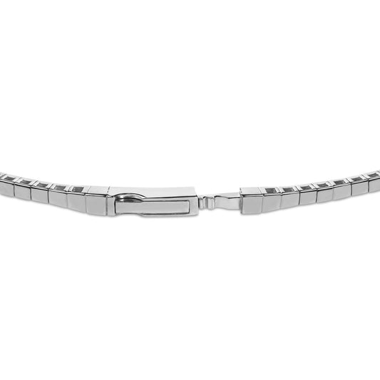 Close-up front angle of a white metal bracelet shown on a scale, featuring square links with alternating blue and white round gemstones in prong settings.