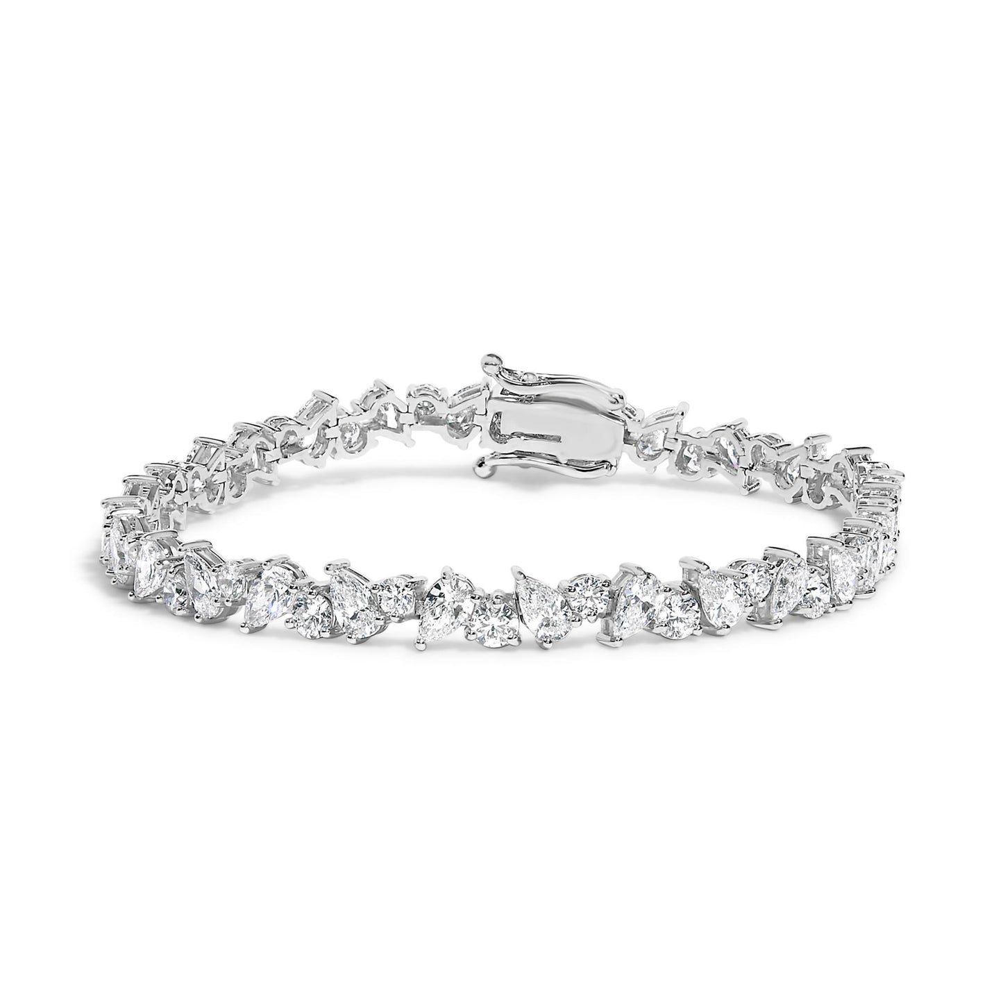 White metal bracelet with alternating pear-shaped and round white gemstones in 3-prong settings, shown from a front angle.