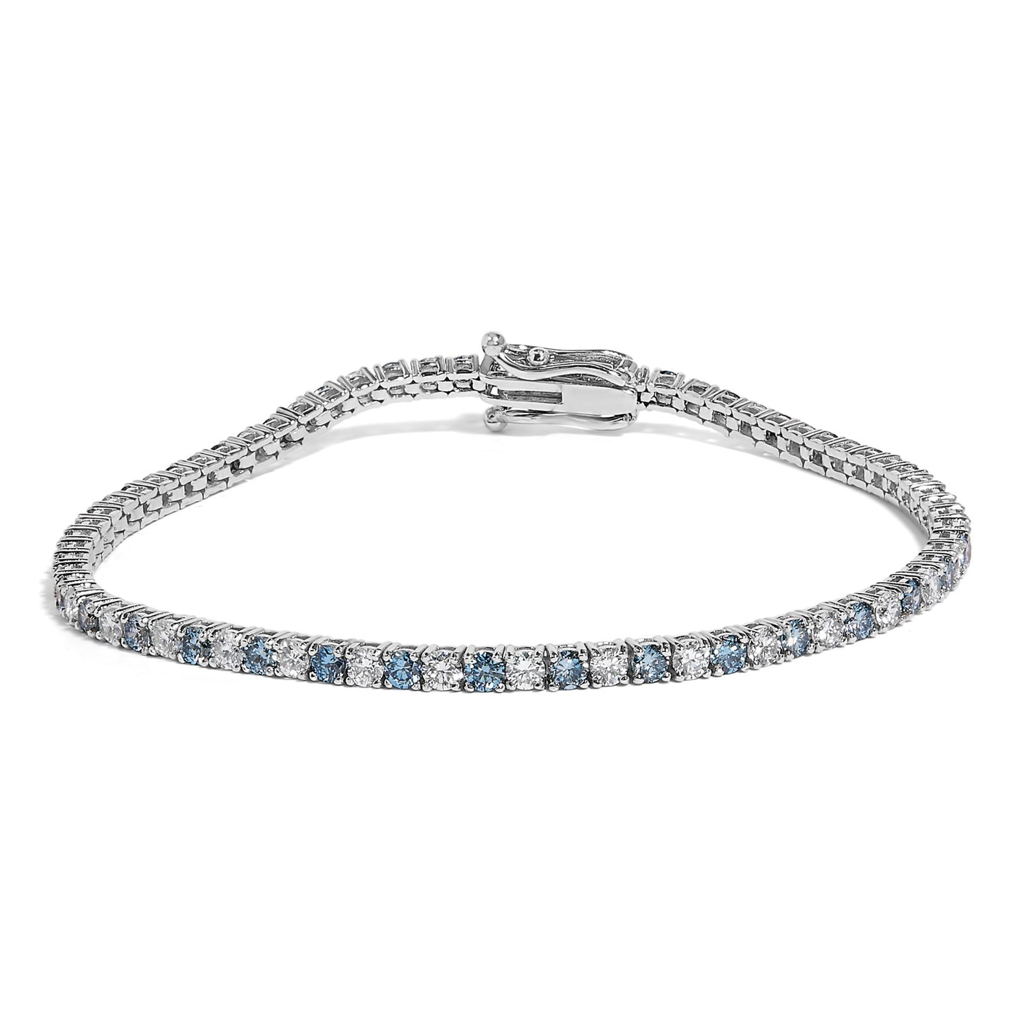 Bracelet with alternating white and blue round gemstones in 4-prong settings on white metal, shown from a slightly elevated front angle.