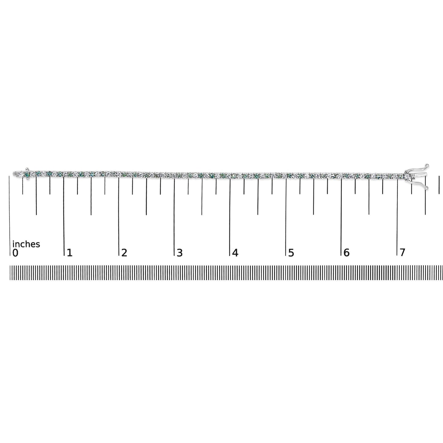White metal bracelet with alternating white and blue round gemstones in four-prong settings, laid flat on a ruler for size reference, shown from a top-down angle.