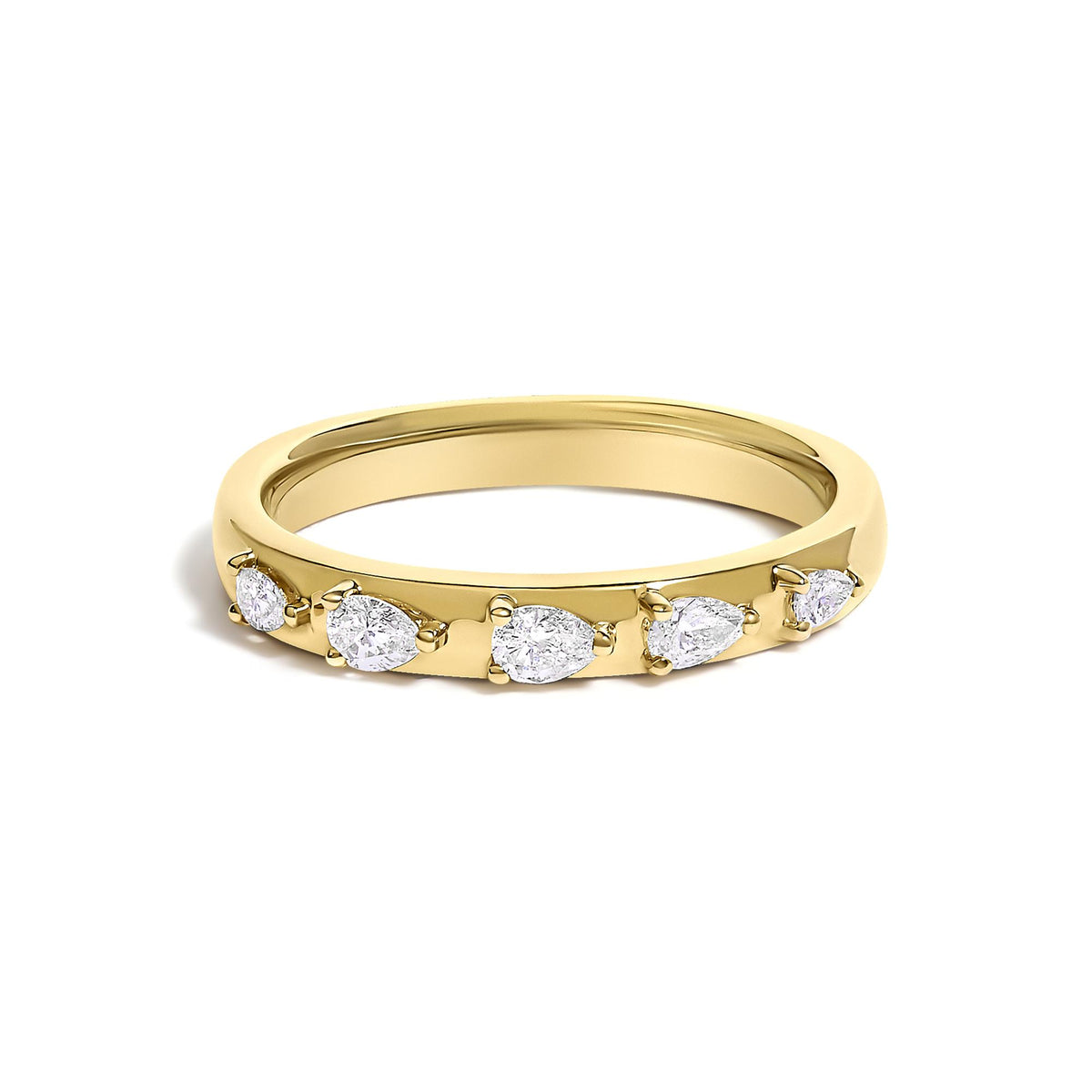 Close-up front angle of a yellow ring with five pear-shaped white gemstones in 3-prong settings on the band.