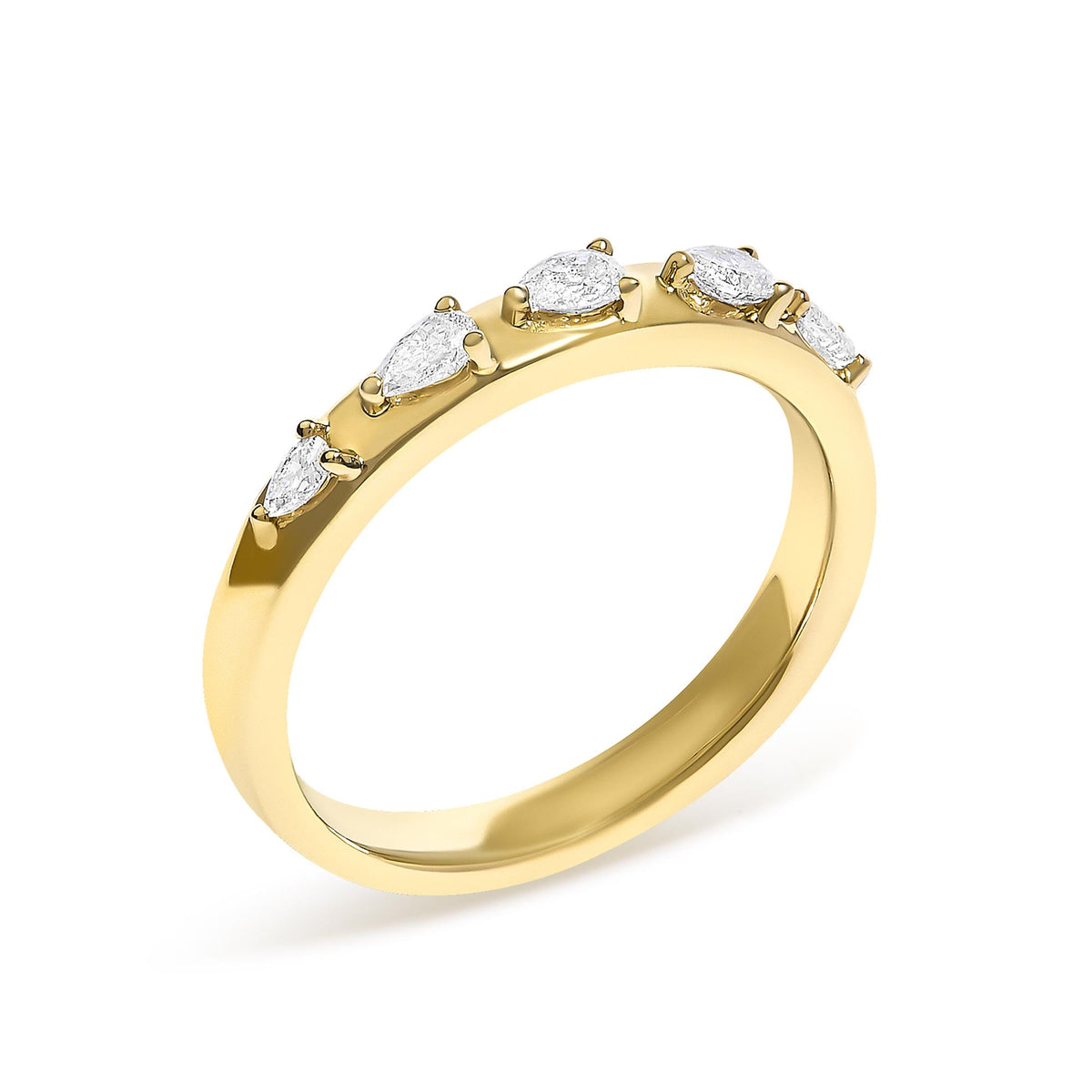 Close-up angled view of a yellow metal ring set with multiple pear-shaped white gemstones in a 3-prong setting.