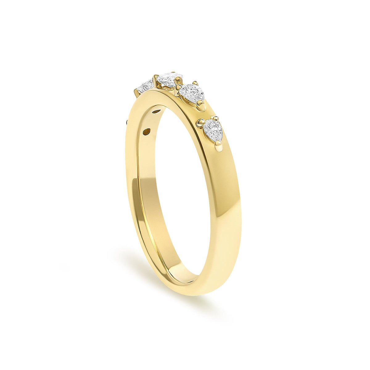 Close-up angled view of a yellow metal ring featuring pear-shaped white gemstones in 3-prong settings evenly spaced around the band.