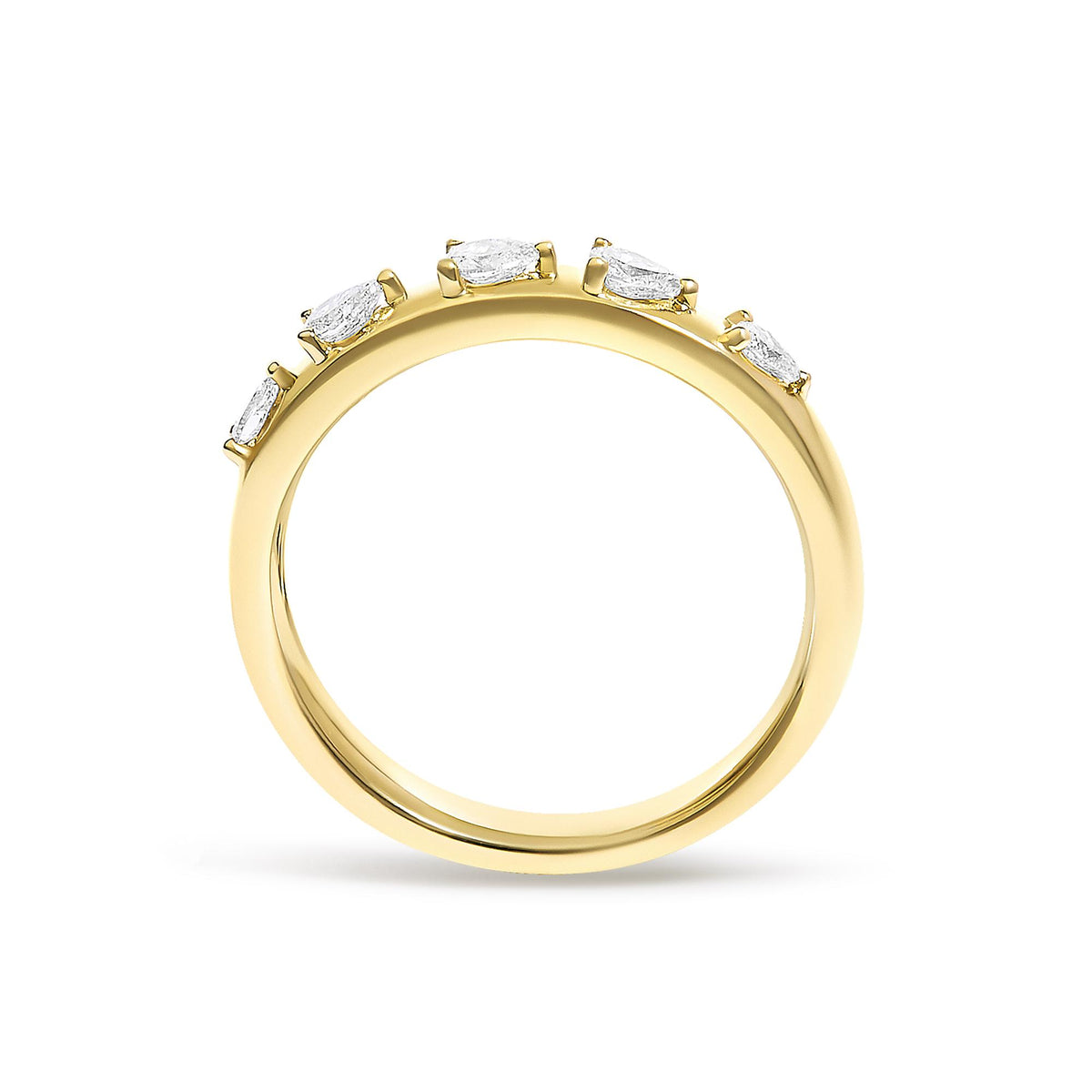 Close-up top angled view of a yellow ring featuring five pear-shaped white gemstones set in a 3-prong setting around the band.