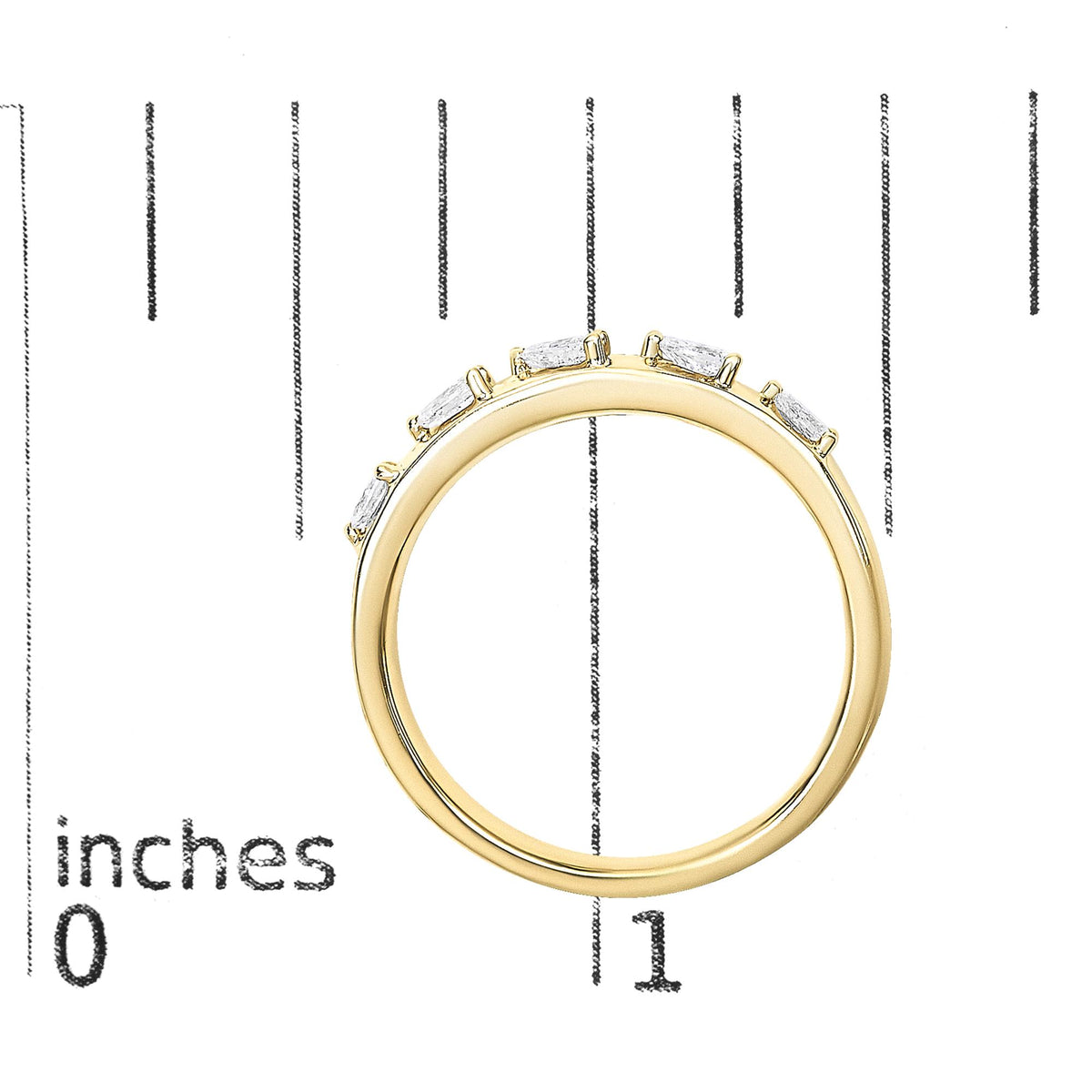 Close-up front angle view of a yellow ring with five pear-shaped white gemstones in 3-prong settings, shown on a scale background.
