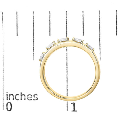 Close-up front angle view of a yellow ring with five pear-shaped white gemstones in 3-prong settings, shown on a scale background.