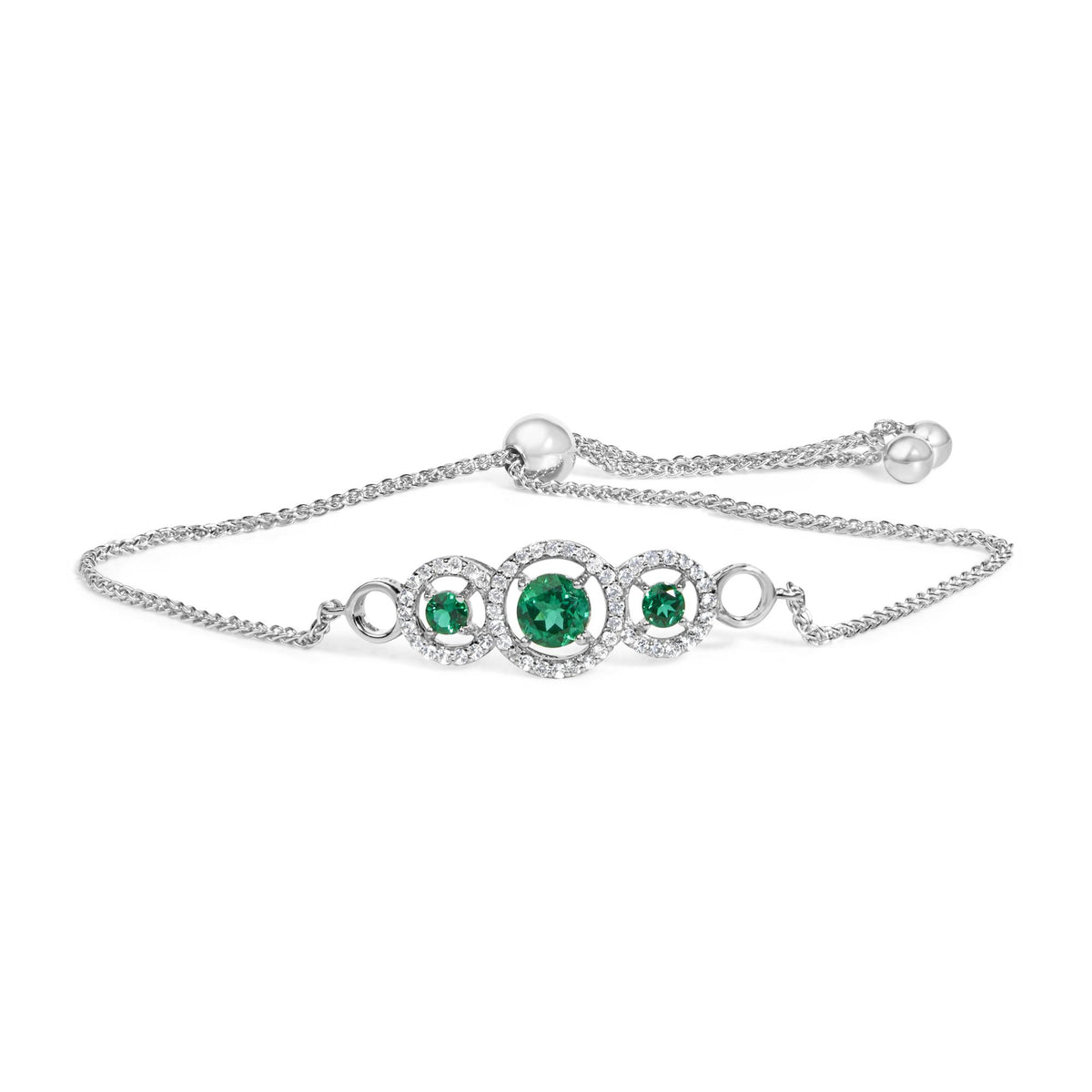 .925 Sterling Silver Green Emerald and White Sapphire Triple Circle Bolo Bracelet