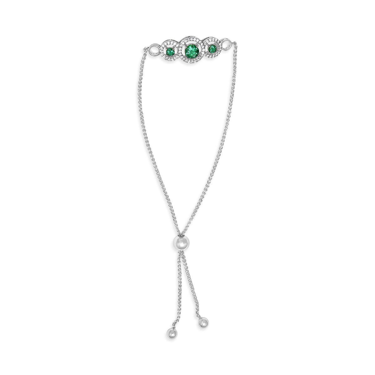.925 Sterling Silver Green Emerald and White Sapphire Triple Circle Bolo Bracelet