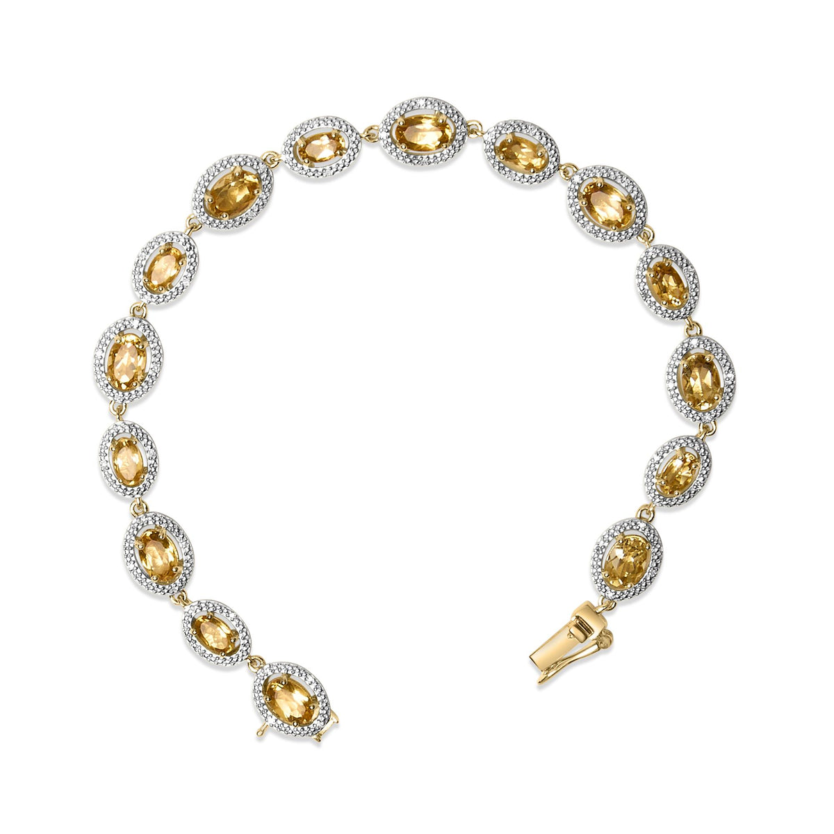 Yellow metal bracelet shown from above, featuring linked oval yellow gemstones surrounded by small white gemstones in a pave setting, with a clasp visible at one end.