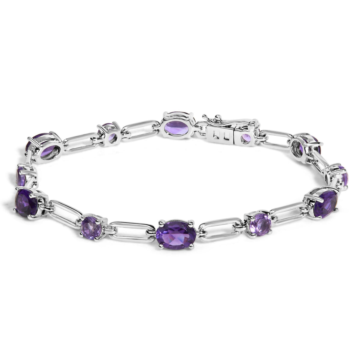 Sterling Silver Oval Purple Amethyst & Rose de France Pink Amethyst Station Link Bracelet