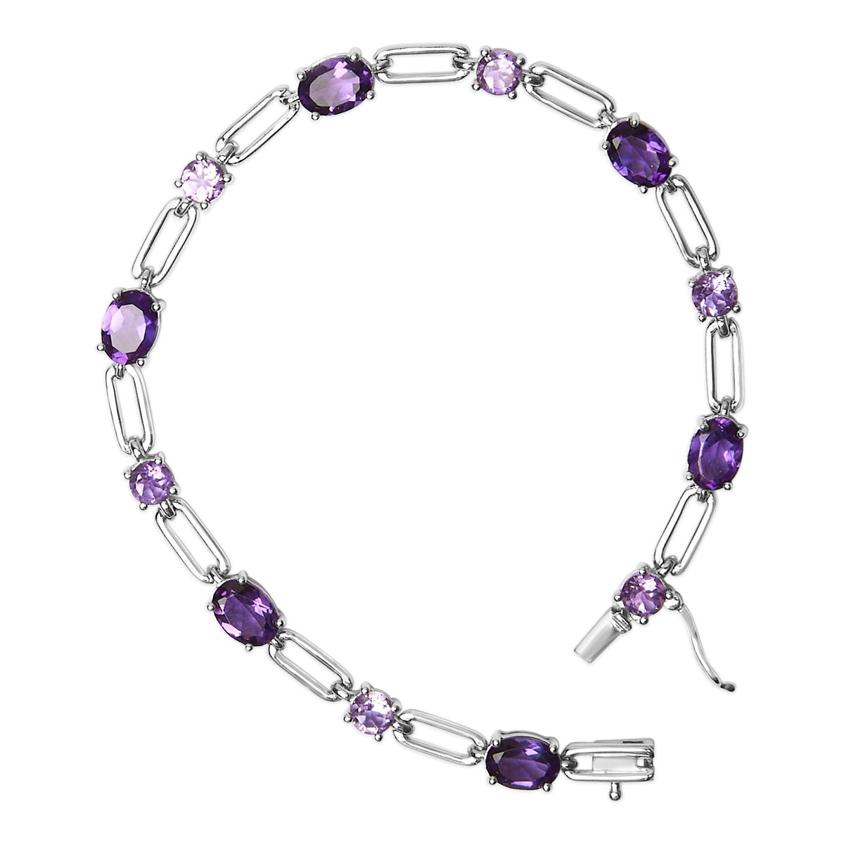 Sterling Silver Oval Purple Amethyst & Rose de France Pink Amethyst Station Link Bracelet