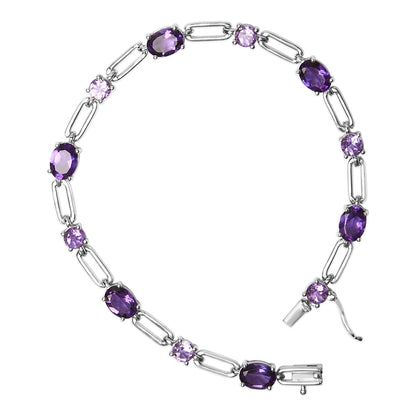 Sterling Silver Oval Purple Amethyst & Rose de France Pink Amethyst Station Link Bracelet