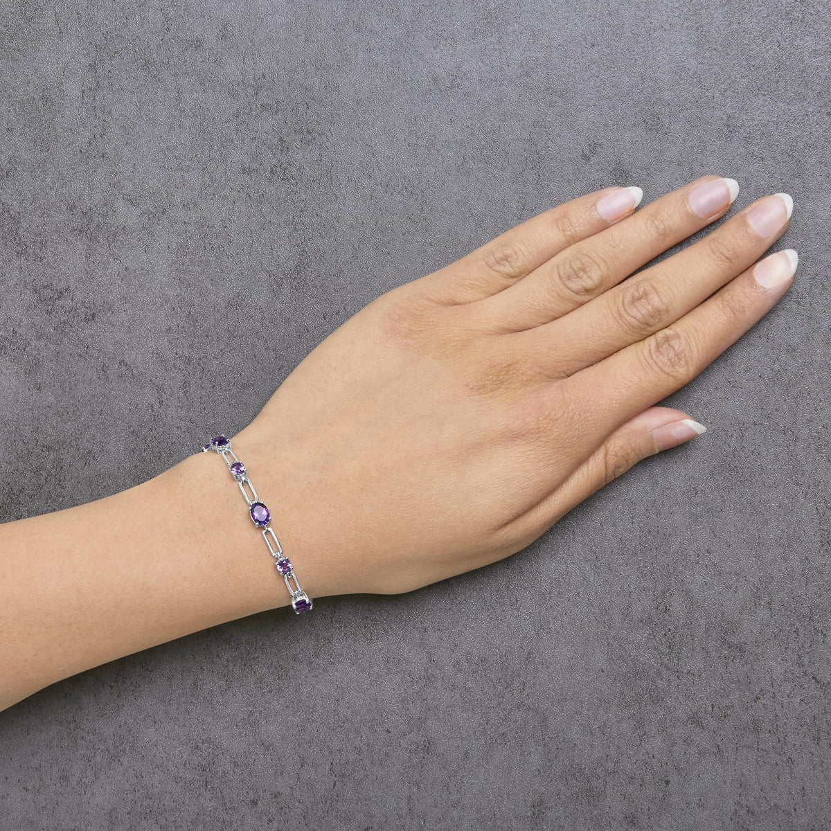 Sterling Silver Oval Purple Amethyst & Rose de France Pink Amethyst Station Link Bracelet
