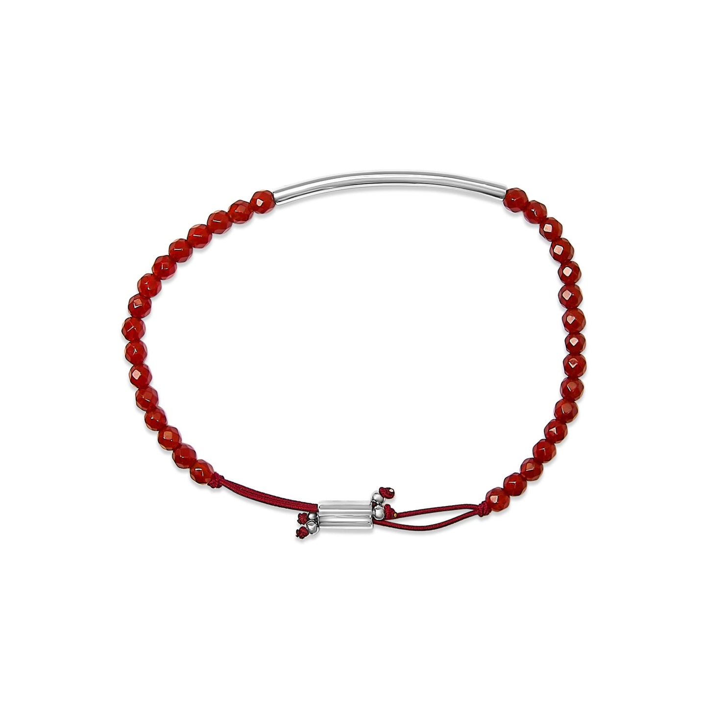 Top-down view of a white metal bracelet with faceted red gemstones strung along half the length and a red adjustable cord with a white metal sliding clasp and small red gemstone accents.