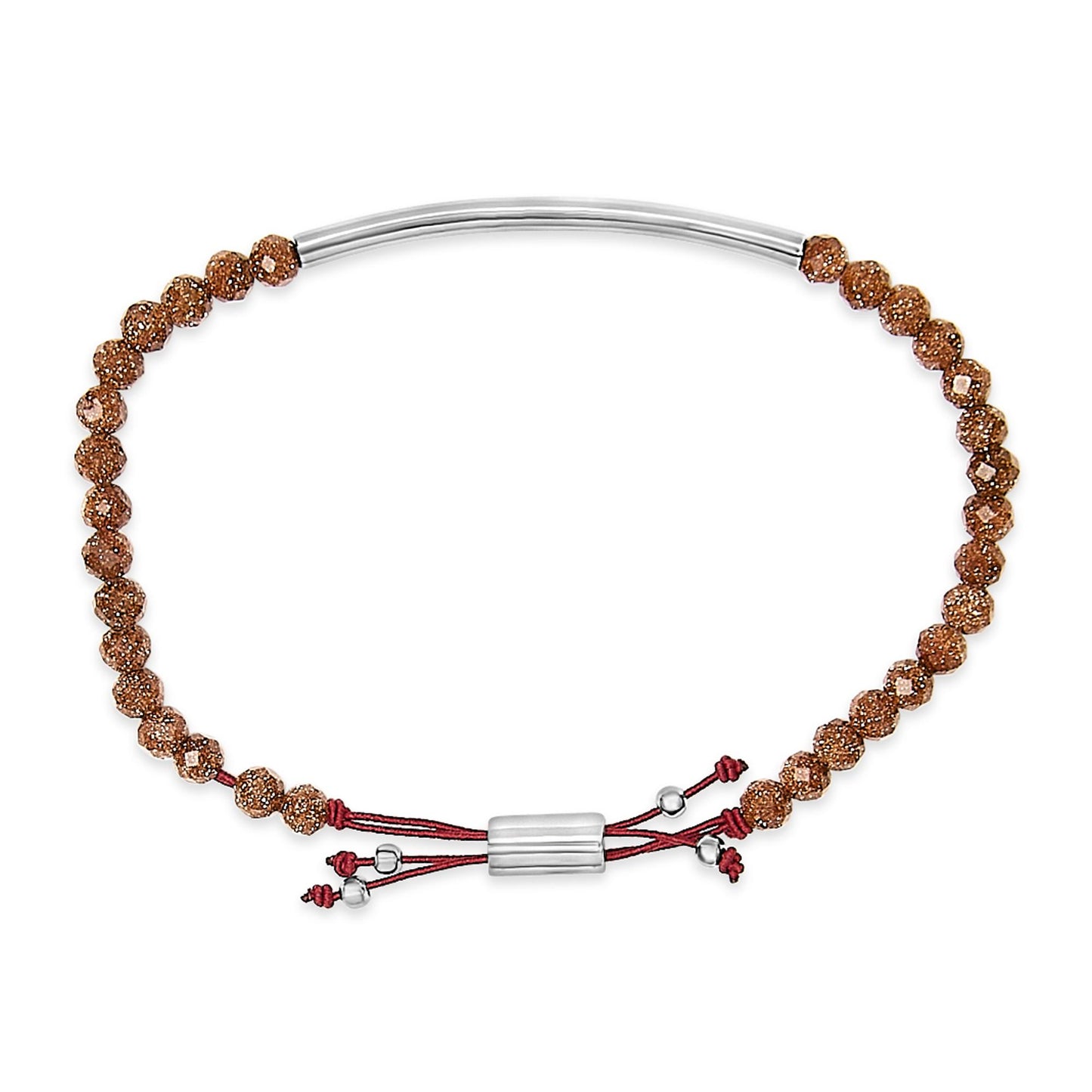 Top-down view of a white metal bracelet with faceted brown beads on a red adjustable cord and a smooth curved white metal tube at the top.