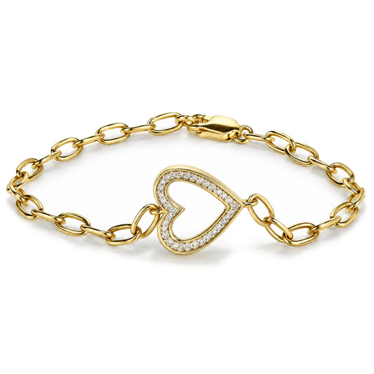 Front view of a yellow gold vermeil link bracelet showcasing oval links and a heart-shaped stone accent on a white background