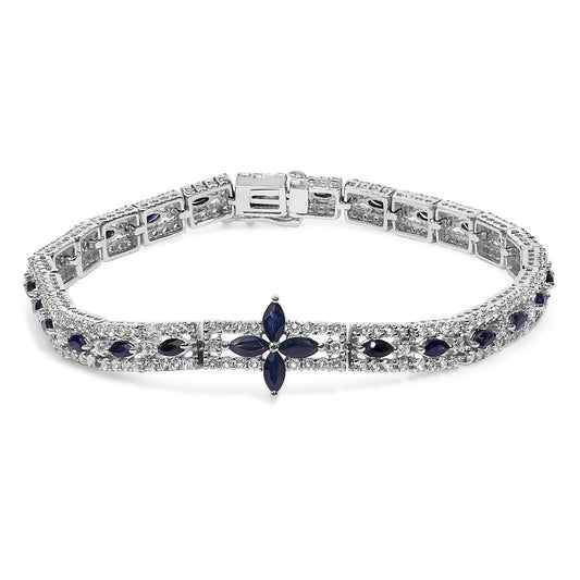 Sterling Silver Dark Blue Sapphire and Topaz Marquise Floral Art Deco Link Bracelet