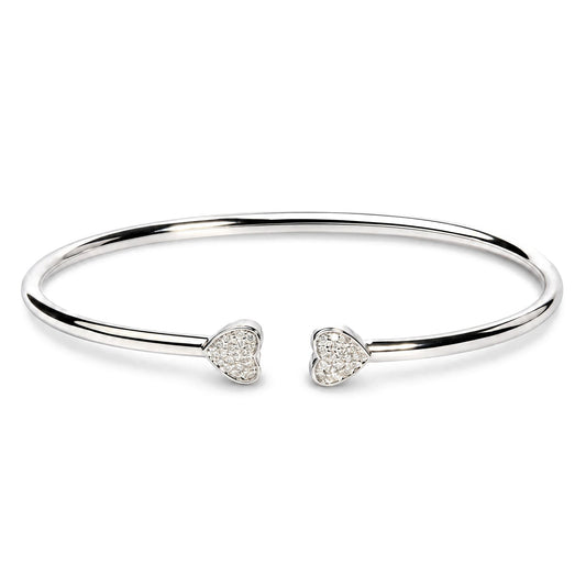 Open view of .925 sterling silver 1/6 cttw diamond twin heart open flexy bangle bracelet showcasing heart ends on white background
