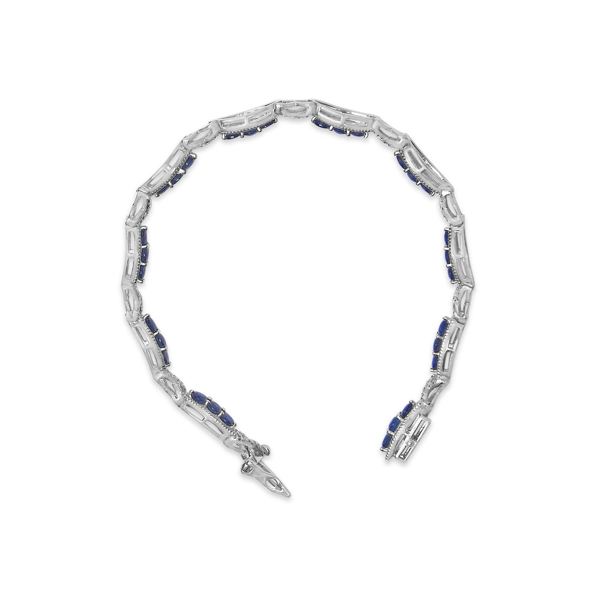 White bracelet shown on a white background, viewed from above in a slight curve, featuring alternating sections with round blue gemstones and white gemstones in a prong setting.