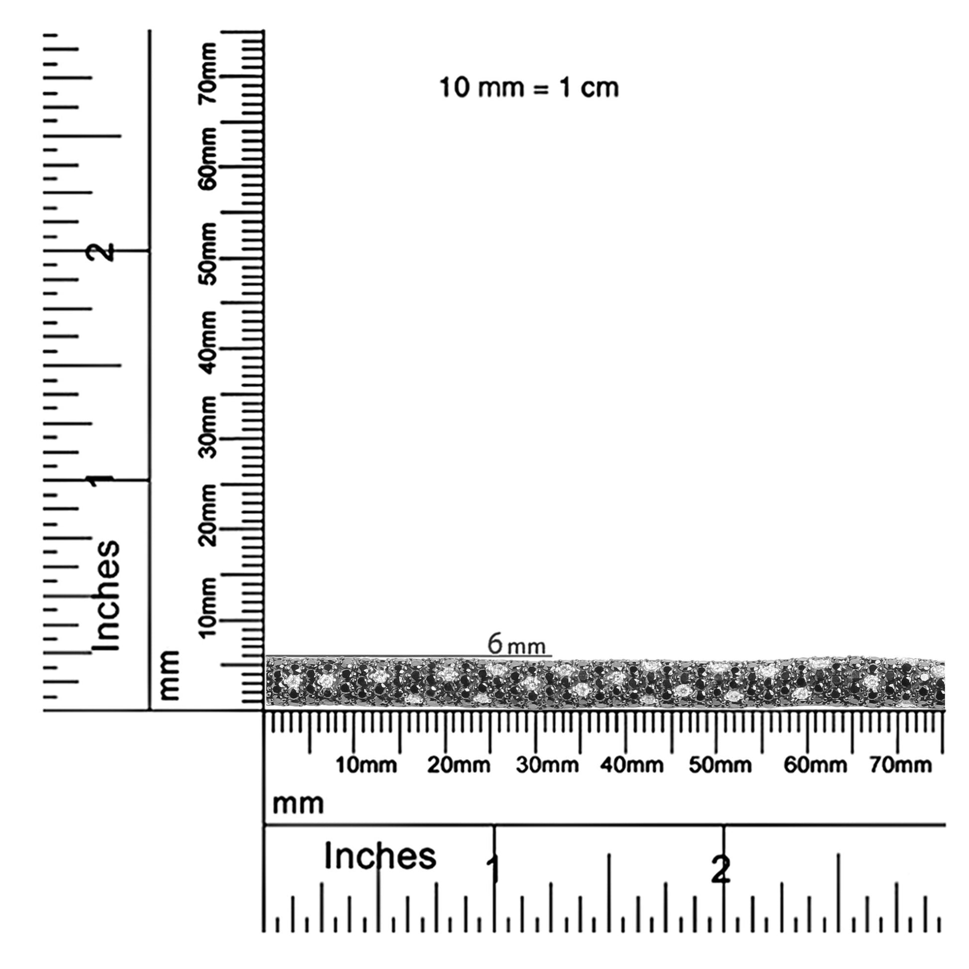 Bracelet with alternating rows of round black and white gemstones in prong settings, shown from the side on a ruler for size reference.
