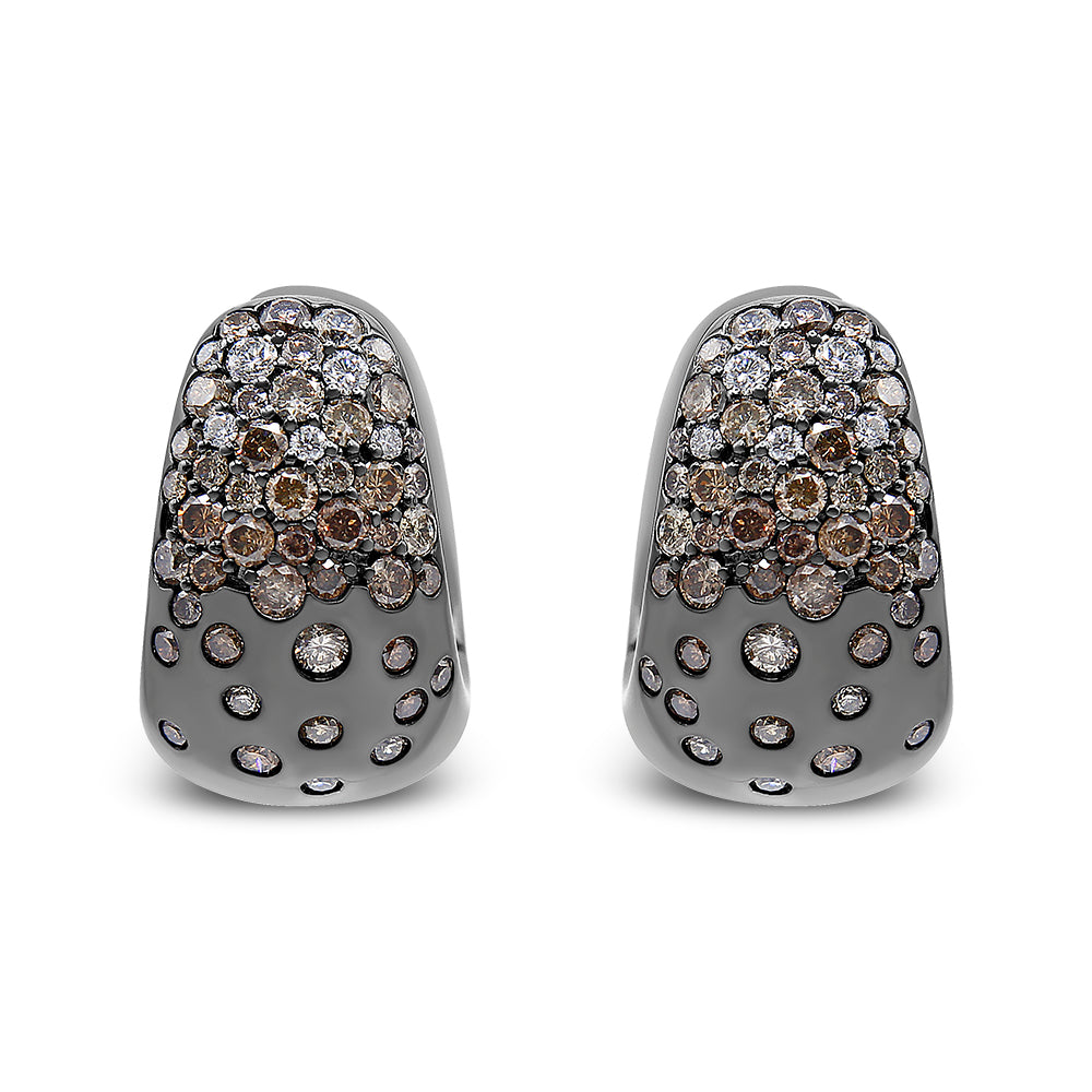 Front view of black metal earrings adorned with clustered round white and brown gemstones in prong settings.