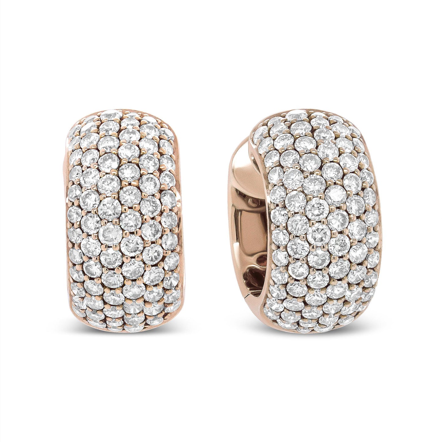 Pair of rose-colored metal hoop earrings with multiple rows of round white gemstones in prong settings, shown from a front and angled view.