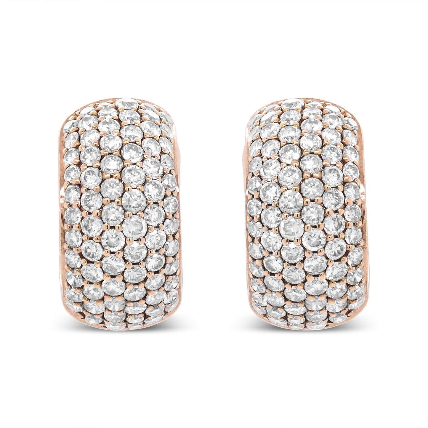 Pair of rose metal earrings with round white gemstones set in prong settings, shown from a front-facing angle.