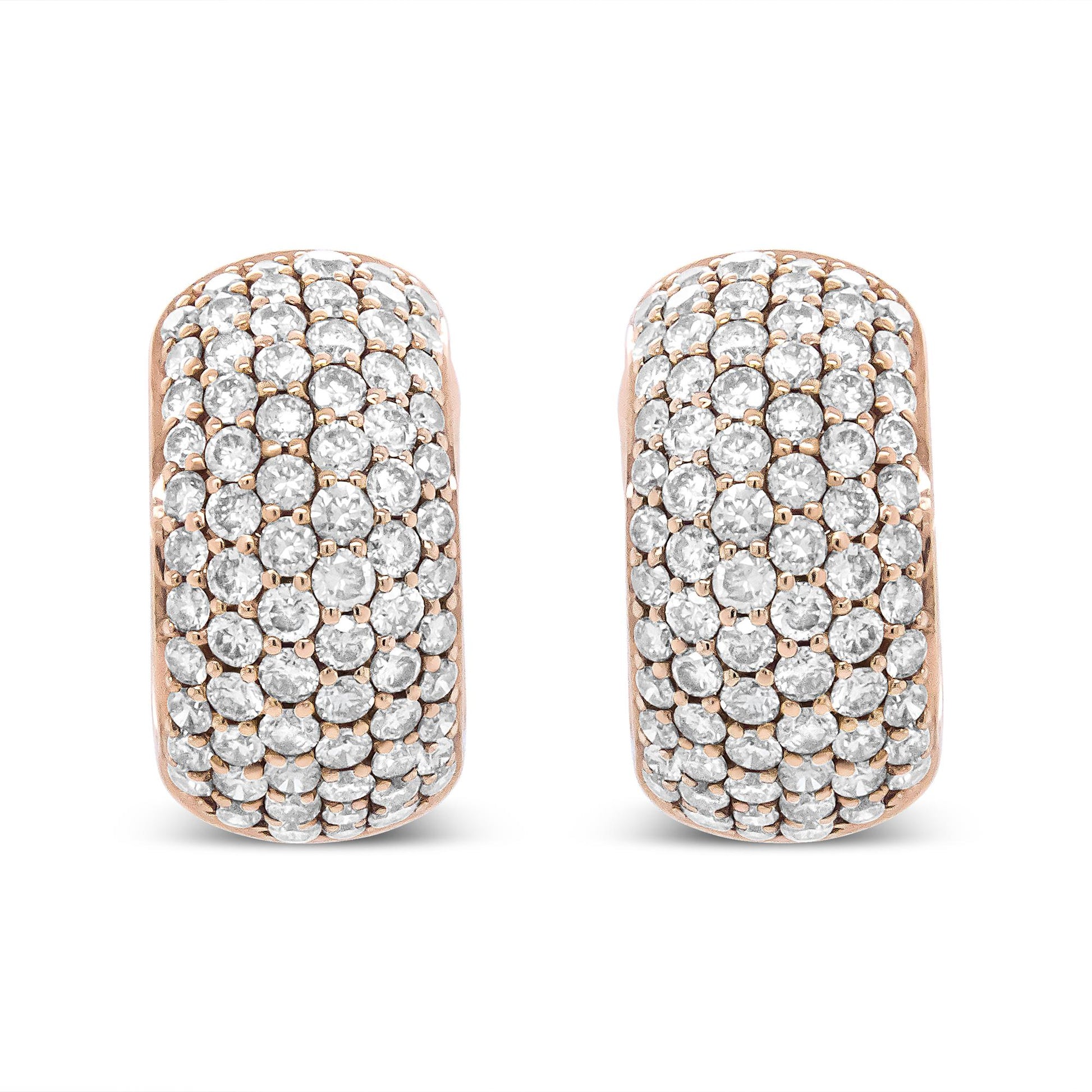 Pair of rose metal earrings with round white gemstones set in prong settings, shown from a front-facing angle.