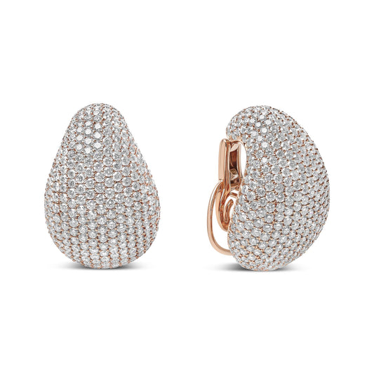 Pair of rose metal earrings with a rounded, teardrop shape fully covered in pave set white gemstones, shown from front and side angles on a white background.