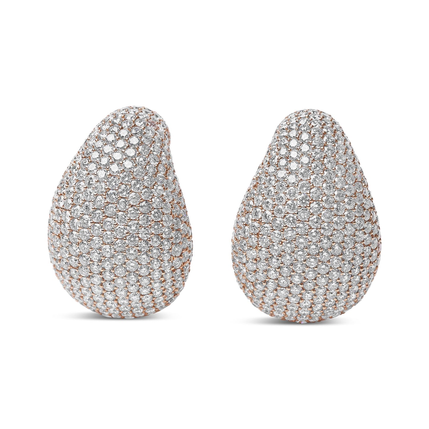 Pair of teardrop-shaped rose metal earrings with pave-set white round gemstones, front-facing angle on white background.