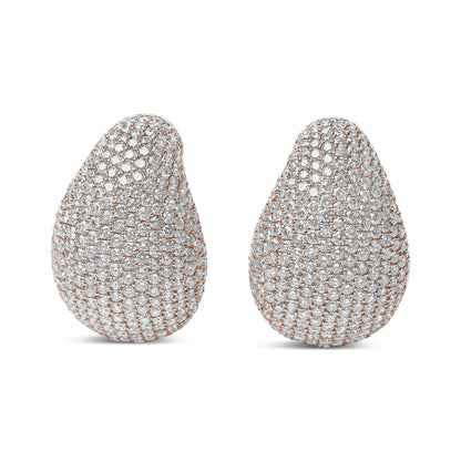 Pair of teardrop-shaped rose metal earrings with pave-set white round gemstones, front-facing angle on white background.
