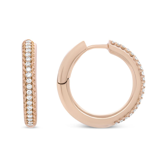 Pair of rose-colored hoop earrings with a row of round white gemstones set along the outer edge, shown from front and side angles on a white background.