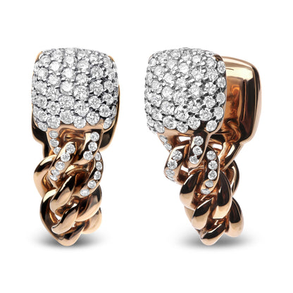 Front view of rose metal earrings with a square top covered in white gemstones and chain-link design below, also adorned with white gemstones.