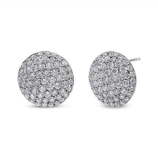 Pair of round white metal stud earrings completely covered with multiple small white gemstones, shown from a slightly angled front view.
