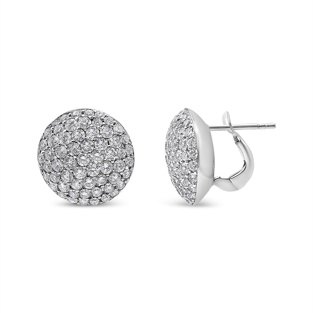 Pair of white metal round stud earrings with multiple small white gemstones in shared prong setting, shown from front and side angles on a white background.