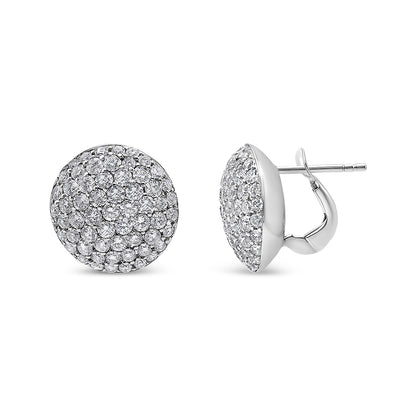 Pair of white metal round stud earrings with multiple small white gemstones in shared prong setting, shown from front and side angles on a white background.