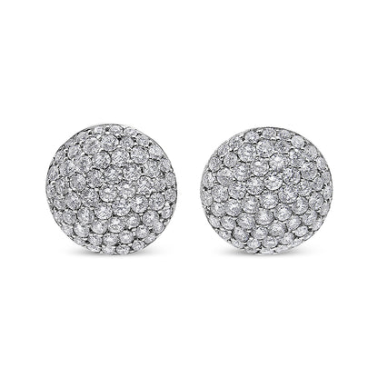 Front view of round white metal earrings fully paved with small white gemstones in shared prong settings.